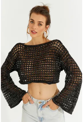 Kadın Siyah Simli Ajurlu Triko Kısa Bluz YV141