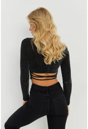 Kadın Siyah Simli Crop Bluz GÇ149