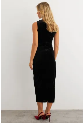 Kadın Siyah Simli Drapeli Maxi Elbise KED4481