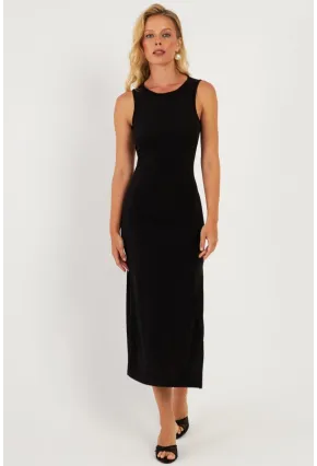 Kadın Siyah Sırt Dekolteli Midi Elbise DMR692