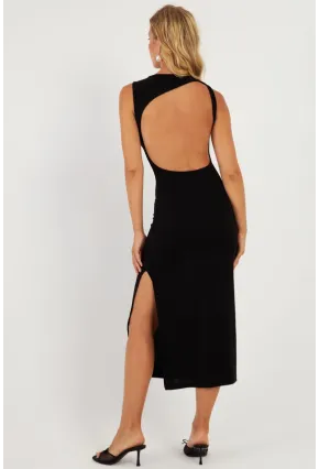 Kadın Siyah Sırt Dekolteli Midi Elbise DMR692