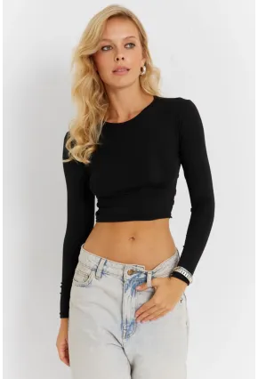 Kadın Siyah Sırt Detaylı Crop Bluz CG365
