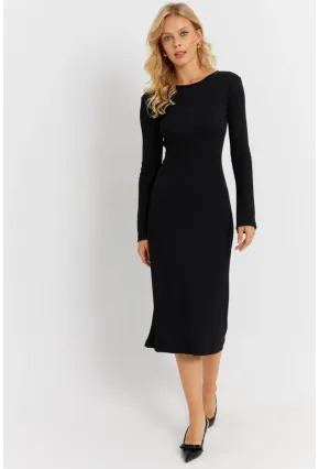 Kadın Siyah Sırt Pencereli Yırtmaçlı Kaşkorse Midi Elbise EY2874