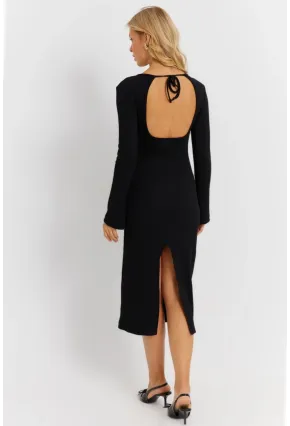 Kadın Siyah Sırt Pencereli Yırtmaçlı Kaşkorse Midi Elbise EY2874