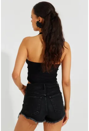 Kadın Siyah Sırtı Açık Crop Bluz B2697