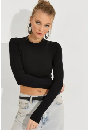 Kadın Siyah Sırtı Açık Crop Bluz B3072
