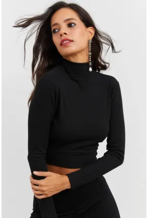 Kadın Siyah Sırtı Açık Crop Bluz EY1512