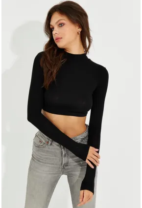 Kadın Siyah Sırtı Açık Crop Bluz LPP1232