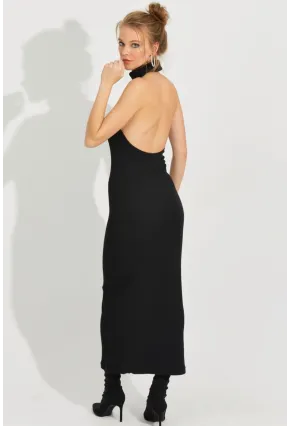 Kadın Siyah Sırtı Açık Kolsuz Kaşkorse Maxi Elbise EY2589