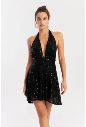 Kadın Siyah Sırtı Açık Payetli Astarlı Mini Elbise Dcf046