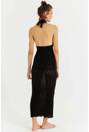 Kadın Siyah Sırtı Açık Triko Maxi Elbise SF2505