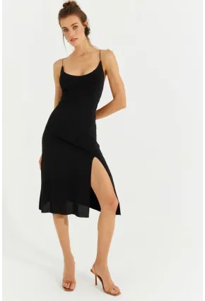 Kadın Siyah Sırtı Çapraz Yırtmaçlı Midi Elbise TW70135