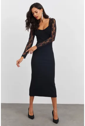 Kadın Siyah Sırtı Dantel Midi Elbise EY2485