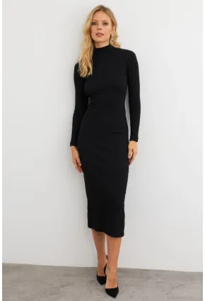 Kadın Siyah Sırtı Dekolteli Boğazlı Midi Elbise EY3012