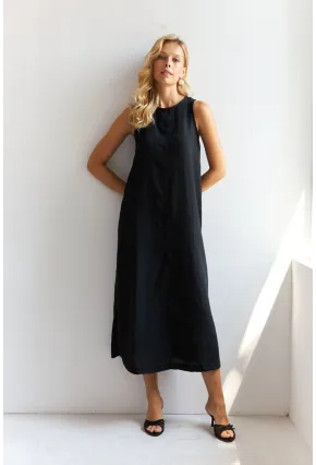 Kadın Siyah Sırtı Düğmeli Midi Keten Elbise DMR353