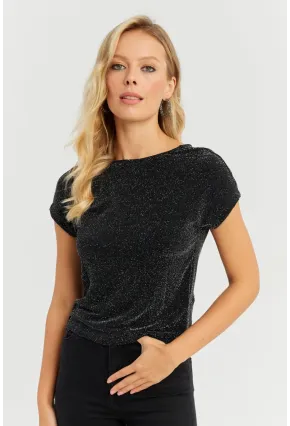 Kadın Siyah Sırtı Dügümlü Simli Bluz LPP1251
