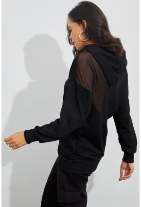 Kadın Siyah Sırtı Tül Kapüşonlu Sweatshirt EY1523