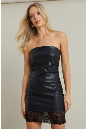 Kadın Siyah Straplez Suni Deri Mini Elbise NH0419