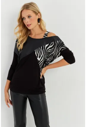 Kadın Siyah Suni Deri Bloklu Bluz ST828