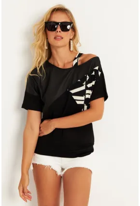 Kadın Siyah Suni Deri Bloklu Bluz ST837