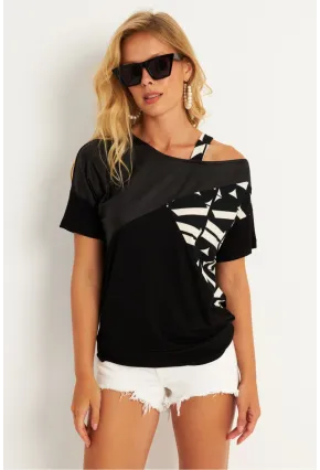 Kadın Siyah Suni Deri Bloklu Bluz ST837