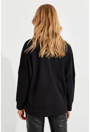 Kadın Siyah Suni Deri Bloklu Sweatshirt PKA806