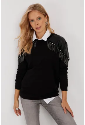 Kadın Siyah Suni Deri Bloklu Sweatshirt PKA807