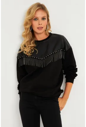 Kadın Siyah Suni Deri Bloklu Sweatshirt PKA808