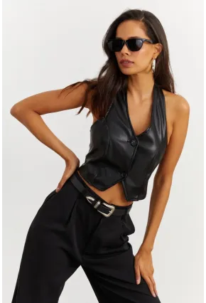 Kadın Siyah Suni Deri Crop Yelek NH41