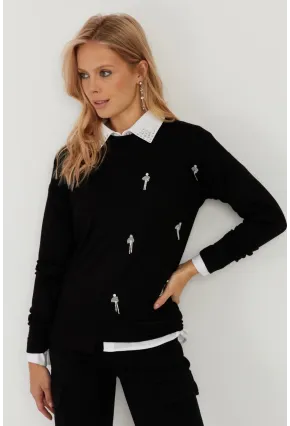 Kadın Siyah Taşlı Bluz MST6024