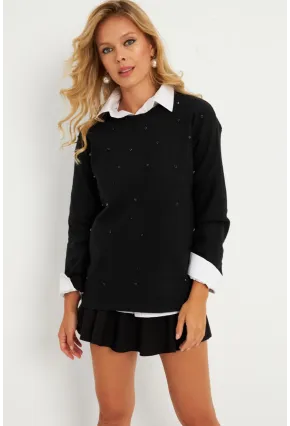 Kadın Siyah Taşlı Bluz YLE41