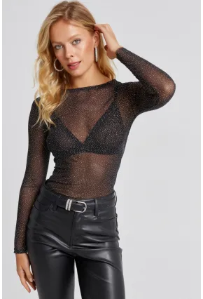 Kadın Siyah Taşlı Tül Bluz LPP1249