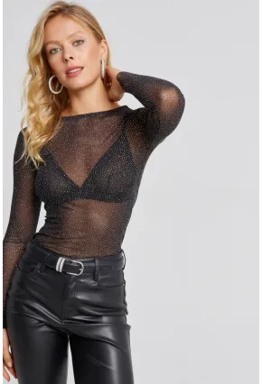 Kadın Siyah Taşlı Tül Bluz LPP1249