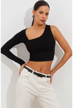 Kadın Siyah Tek Kol Asimetrik Crop Bluz BK1606