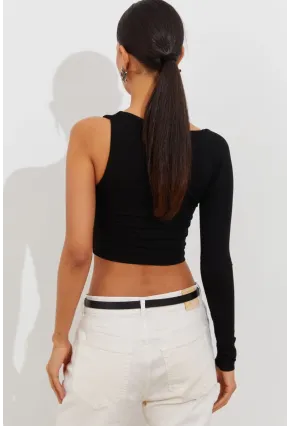 Kadın Siyah Tek Kol Asimetrik Crop Bluz BK1606