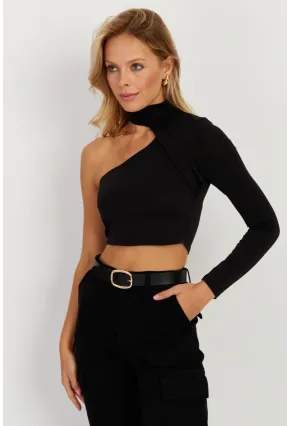 Kadın Siyah Tek Omuz Açık Bluz CY334