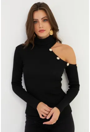 Kadın Siyah Tek Omuz Açık Kaşkorse Balıkçı Bluz EY2947