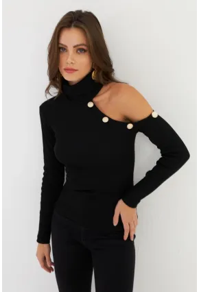 Kadın Siyah Tek Omuz Açık Kaşkorse Balıkçı Bluz EY2947