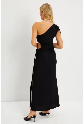 Kadın Siyah Tek Omuz Bürümcük Midi Elbise EY2786