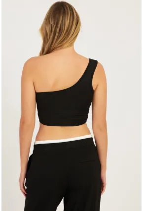 Kadın Siyah Tek Omuz Crop Bluz CG338