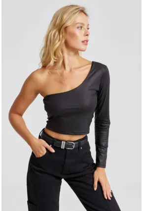 Kadın Siyah Tek Omuz Suni Deri Crop Bluz CY442