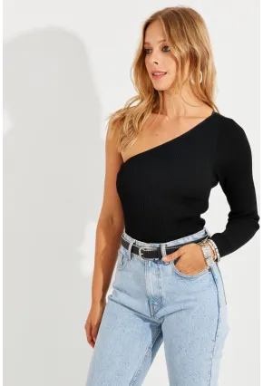 Kadın Siyah Tek Omuz Triko Bluz YV204