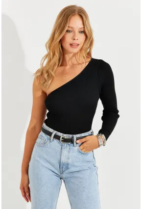 Kadın Siyah Tek Omuz Triko Bluz YV204
