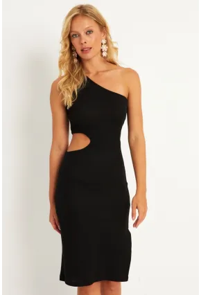 Kadın Siyah Tek Omuz Yanı Açık Mini Elbise XL2013