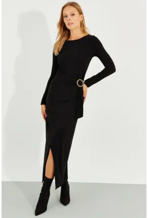 Kadın Siyah Tokalı Anvelop Maxi Elbise BK272020