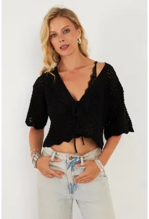 Kadın Siyah Triko Ajurlu Hırka YV255