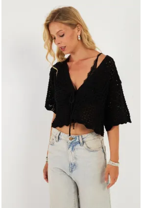 Kadın Siyah Triko Ajurlu Hırka YV255