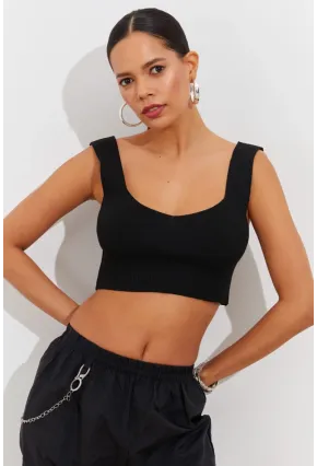 Kadın Siyah Triko Crop Atlet YV118