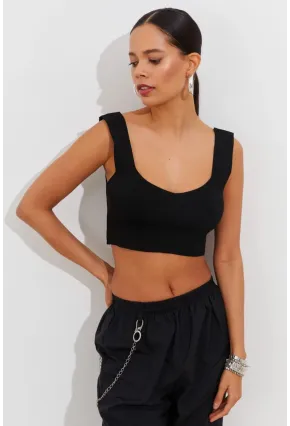 Kadın Siyah Triko Crop Atlet YV118