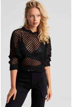 Kadın Siyah Triko File Bluz YV216